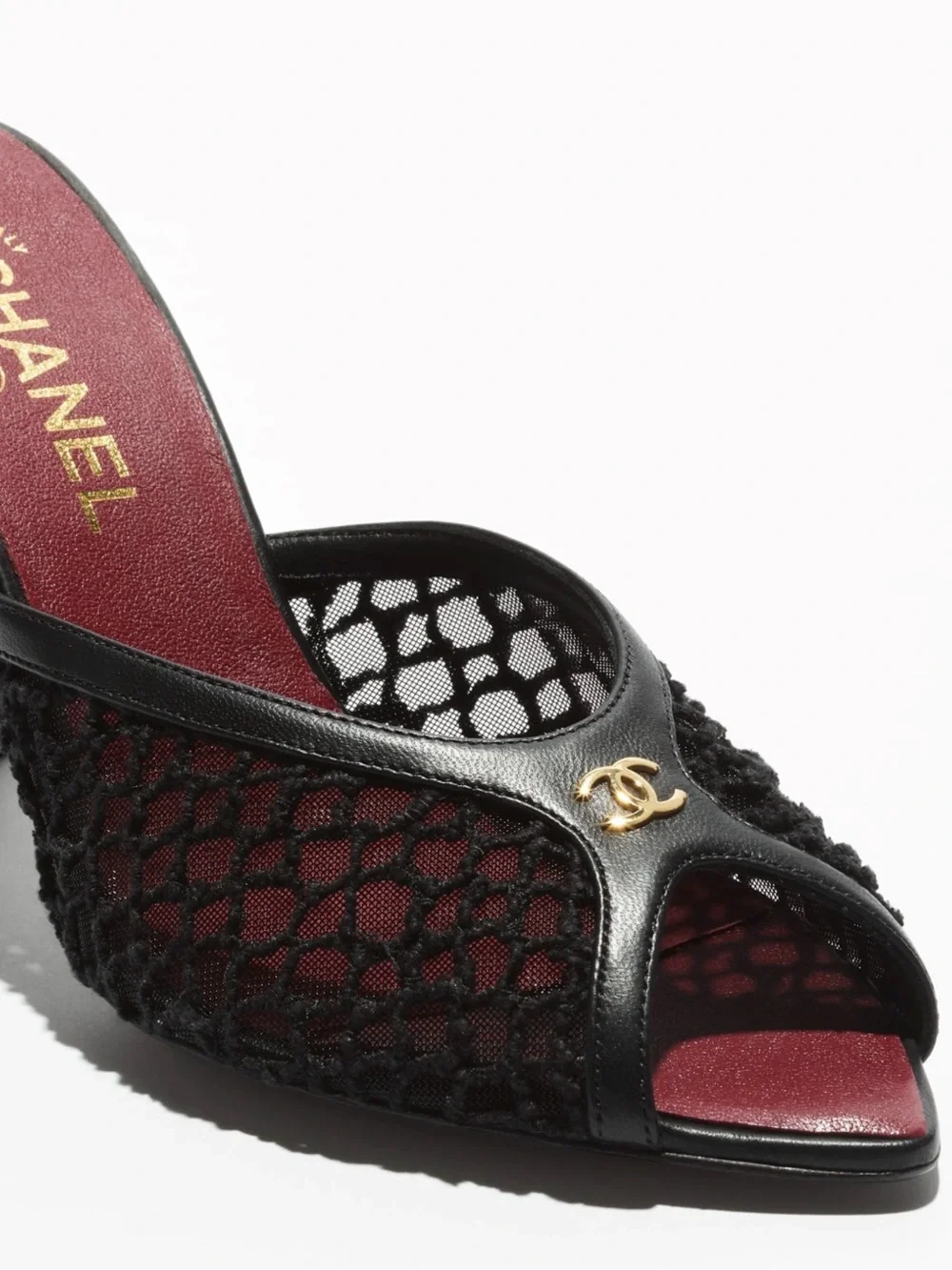 CHANEL Black Mesh Open-Toe Block Heel Mules with Burgundy Insole